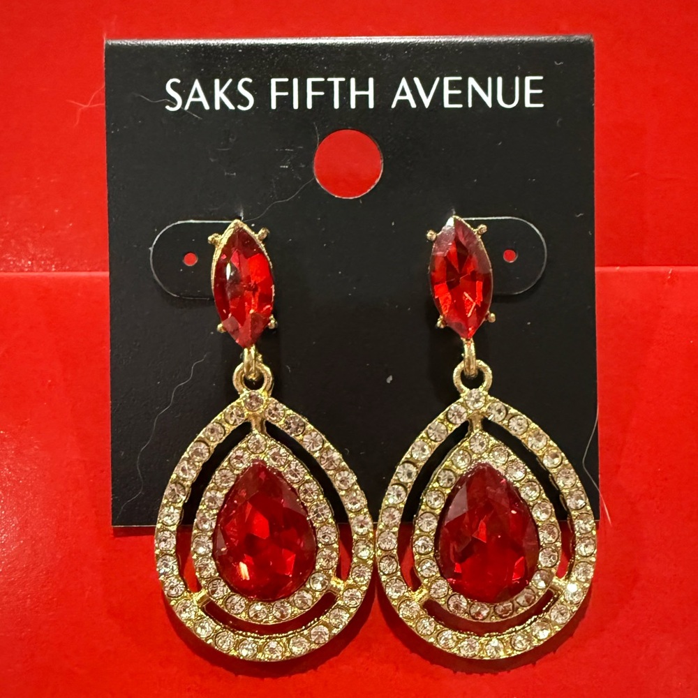 Saks Fifth Avenue Gold Earrings with Red Gemstones